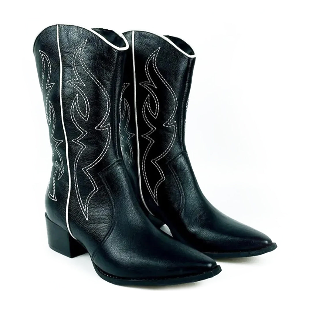 Bota Western em Couro Cano Médio Preto Lizi e Lizi