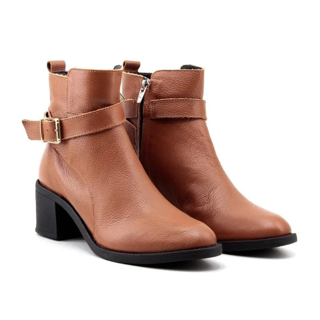 Bota Coturno Lia Line Feminino Couro Whisky Com Fivela