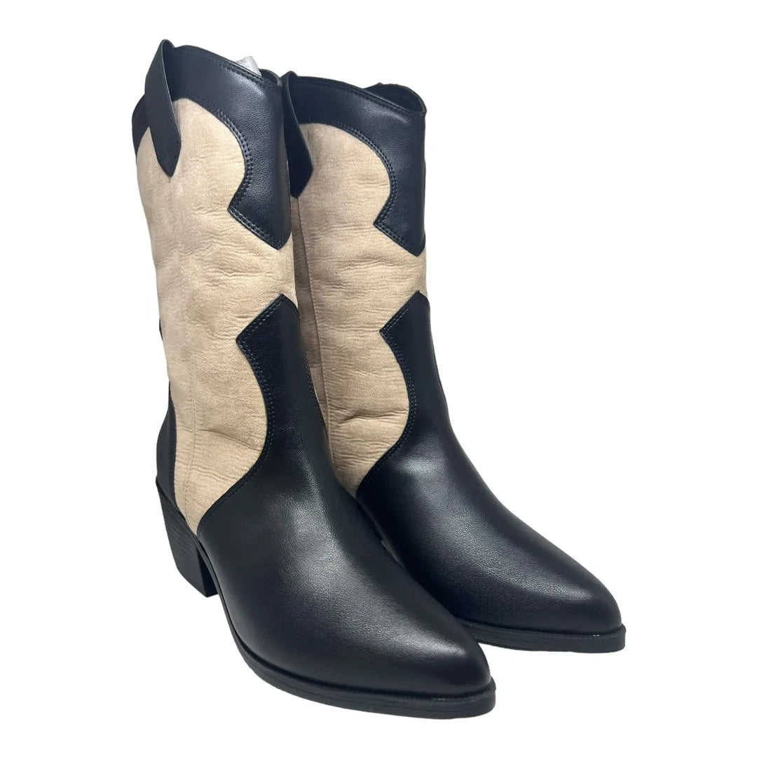 Bota Western Cano Médio Preto e Bege Lizi e Lizi