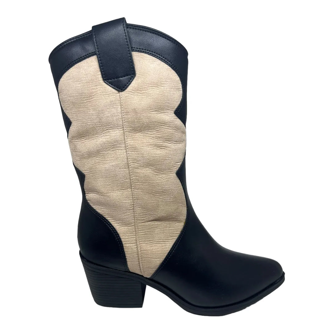 Bota Western Cano Médio Preto e Bege Lizi e Lizi