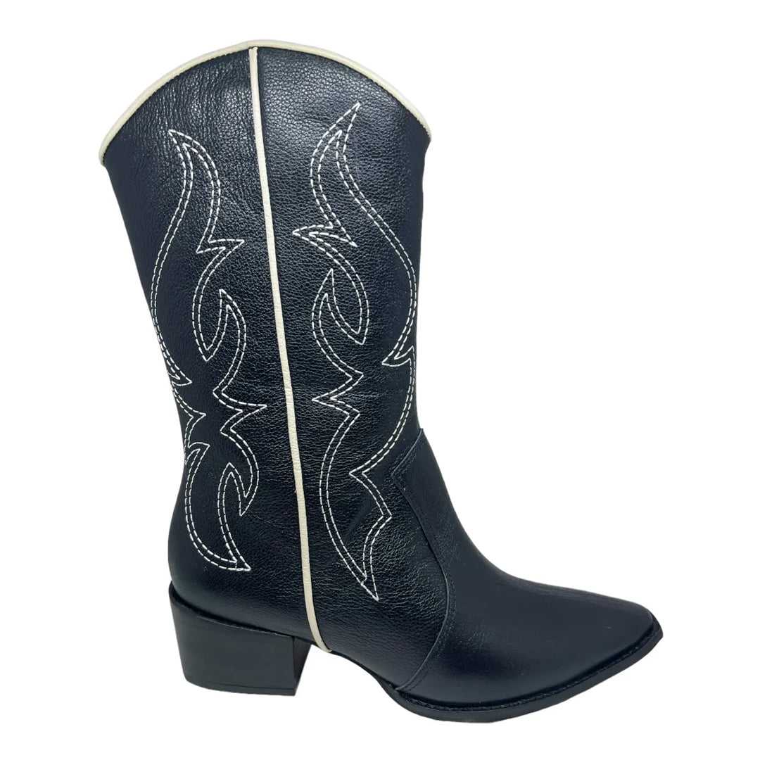 Bota Western em Couro Cano Médio Preto Lizi e Lizi