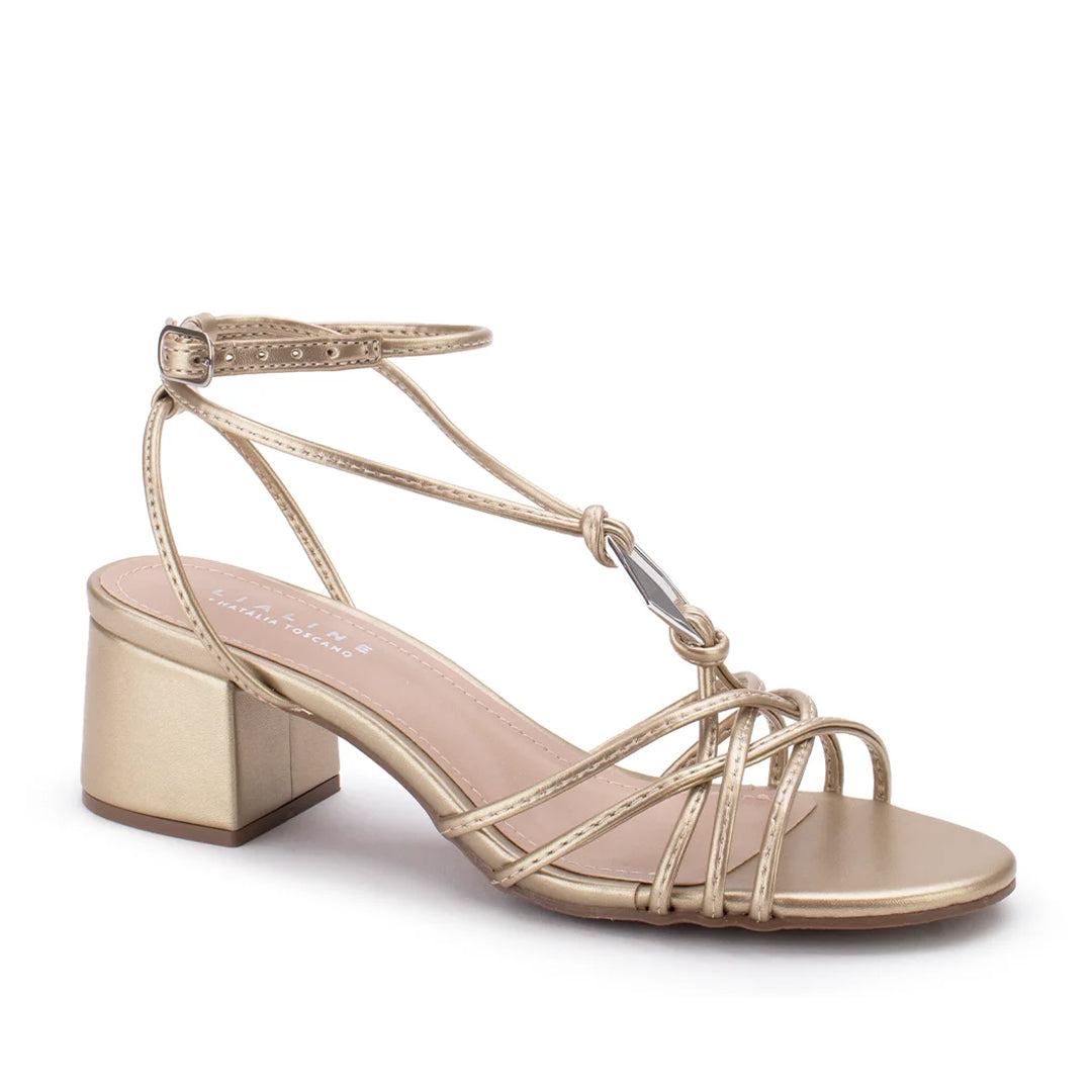 Sandália Lia Line Dourado com Tiras e Salto Quadrado